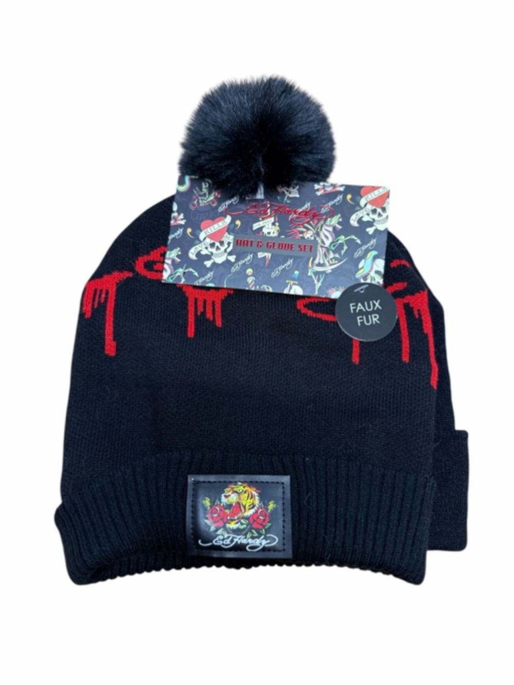 Ed Hardy Beanie Set 2 Black Drip Pom + Love Kills Slowly Hat NWT